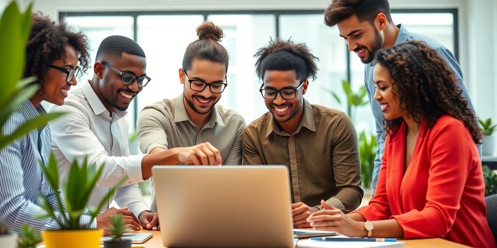 Diverse team working together on SEO strategies.