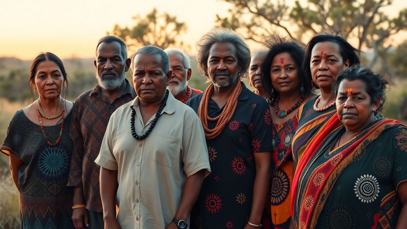 Aboriginal Australians gathering outdoors, serious expressions at sunset.