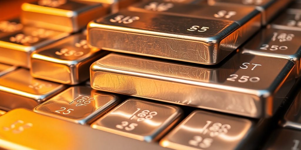 Lingots d'argent brillants empilés sur une surface claire.