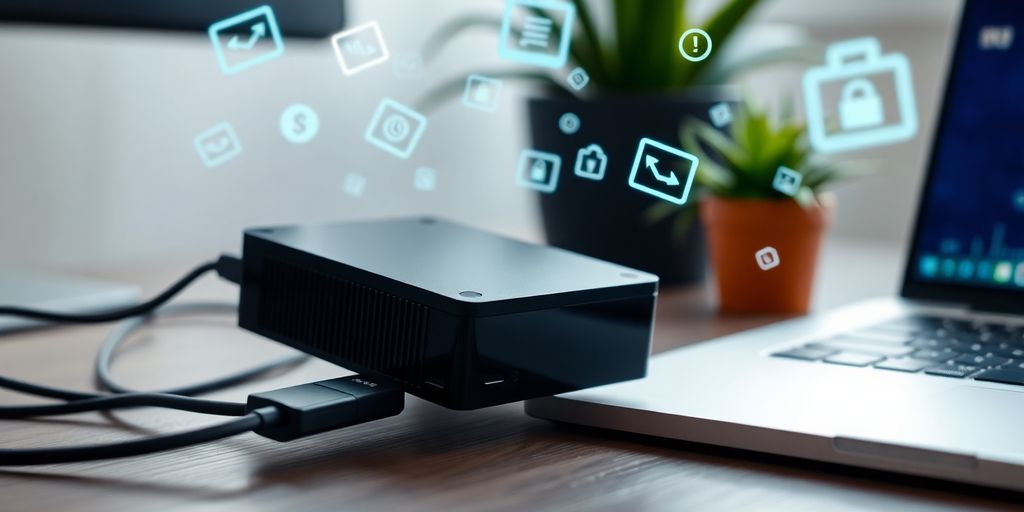 External hard drive and digital data symbols on desk.