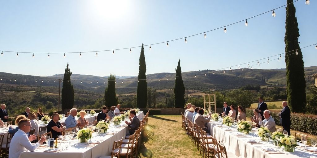 Recepción de boda elegante, sur de Francia, hora dorada.