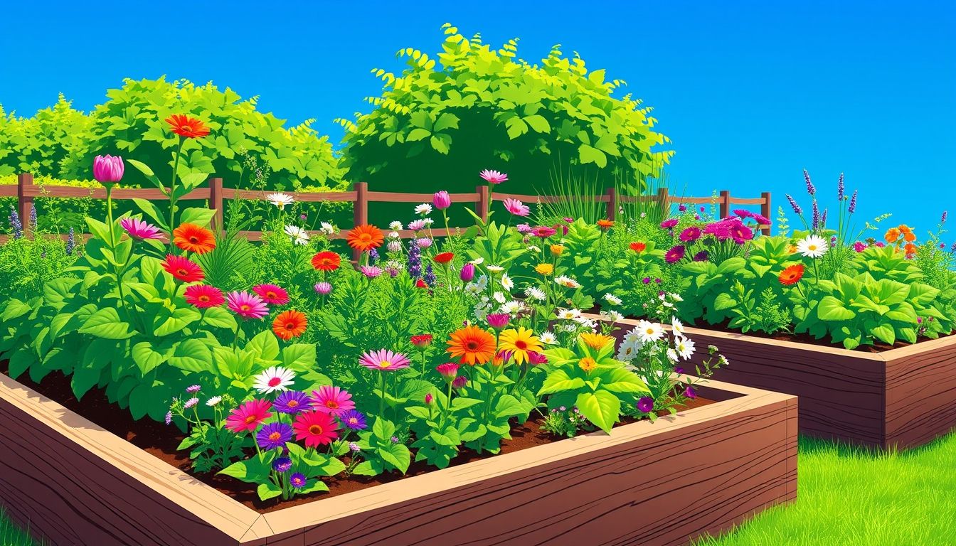 Raised bed garden with wooden borders and vibrant plants.