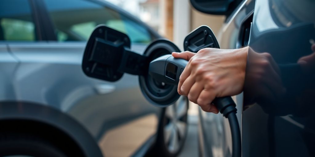 Man plugging electric car charger into vehicle.