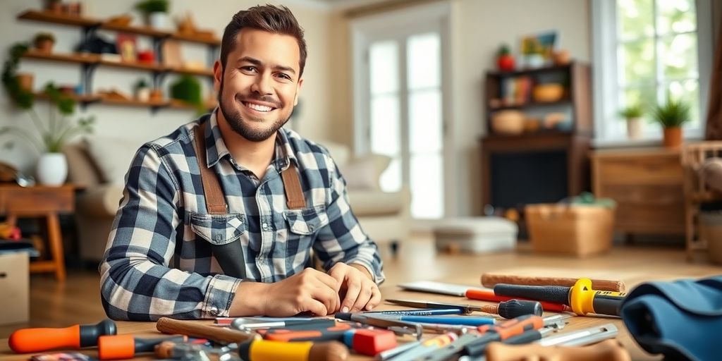 Handyman working on home repairs with tools and materials.