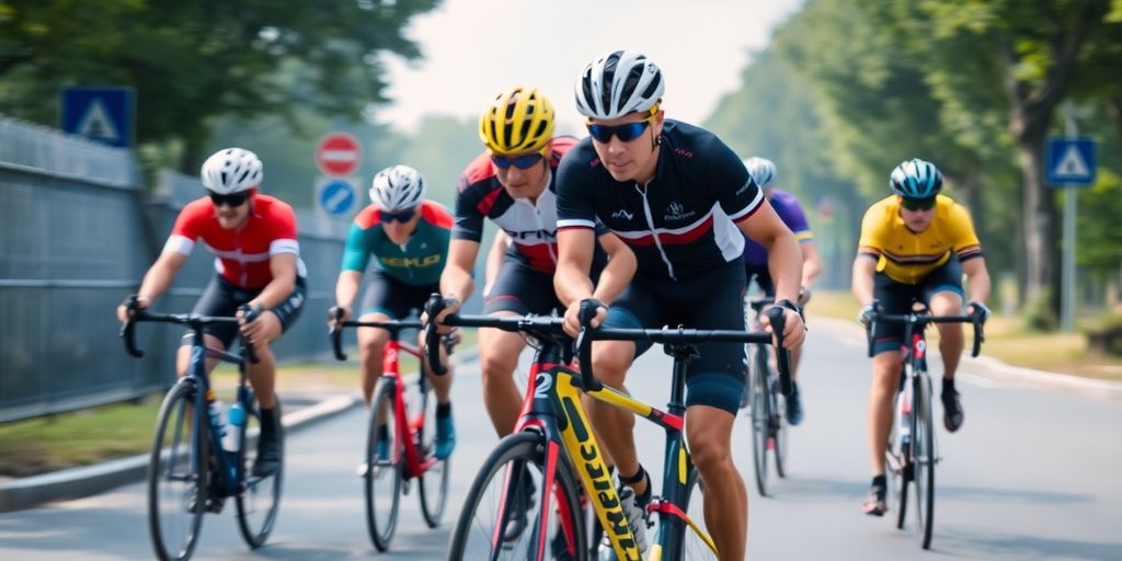 Cyclists on road with power meter data visualized.