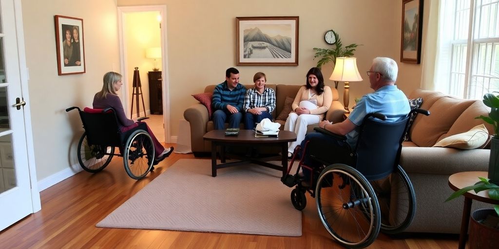 Accessible living room with family members supporting each other.