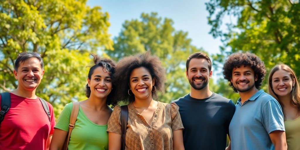Diverse group smiling outdoors, vibrant clothing.