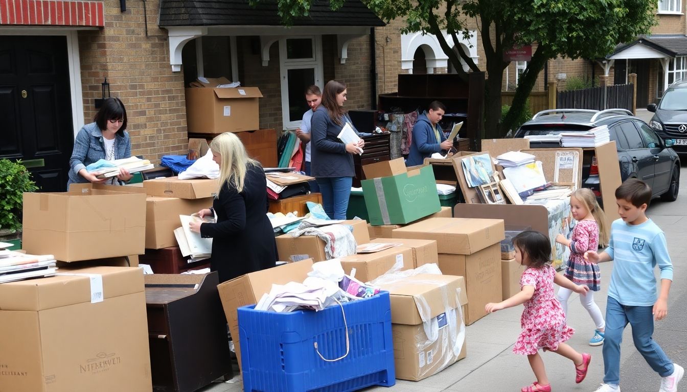 Families sorting items outside a London home.