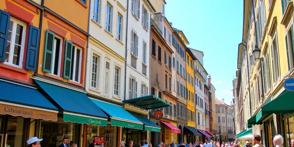 Des rues commerçantes animées avec des façades de bâtiments attrayantes.