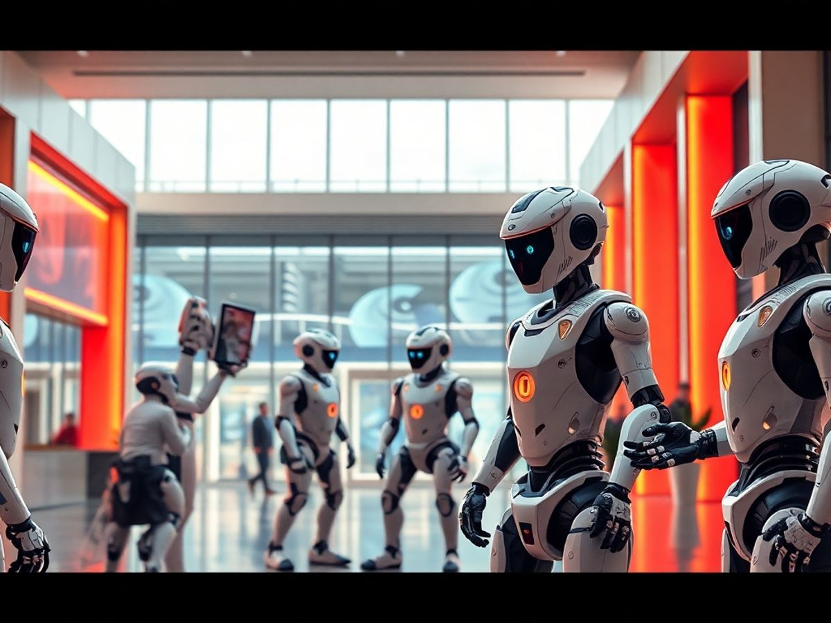 Futuristic AI robots interacting in a modern environment.