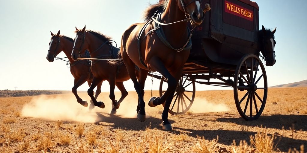 Wells Fargo stagecoach with horses galloping through a field.