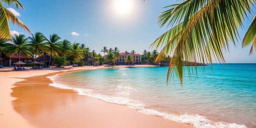 Serene Mexican coastline with luxury resort and clear blue ocean.