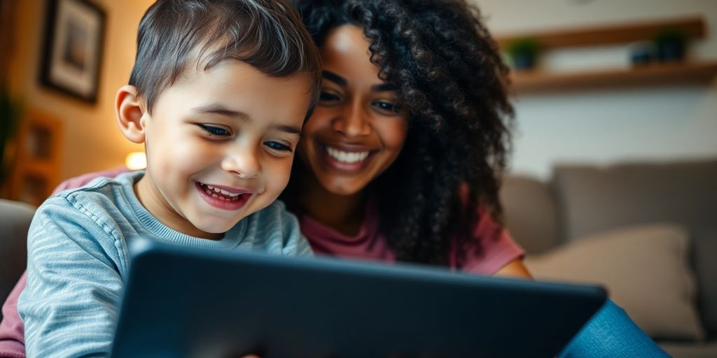 Parent and child using a tablet together in a cozy setting.