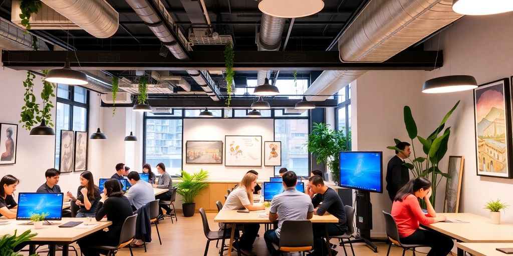 Modern Wan Chai co-working space with people collaborating.