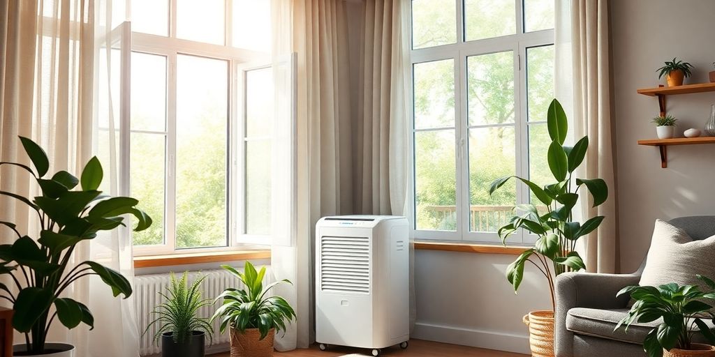 Cozy interior with open windows and dehumidifier plants.