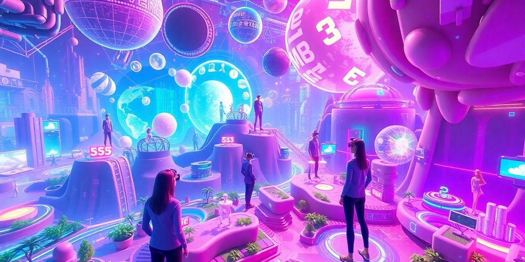 Vivid Metaverse scene met avatars en virtuele werelden.