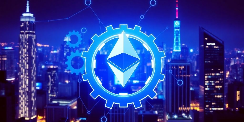 Ethereum logo, gears, and futuristic cityscape.