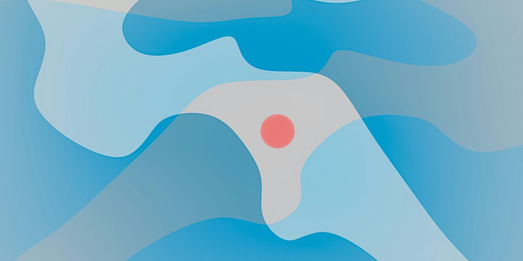 a blue and white abstract background with a red dot