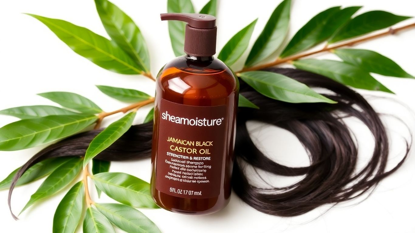 Bottle of SheaMoisture Jamaican Black Castor Oil shampoo with castor leaves and hair.