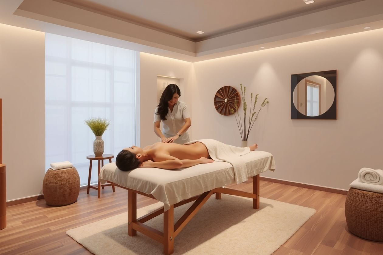 Therapist giving a relaxing back massage in a serene spa.