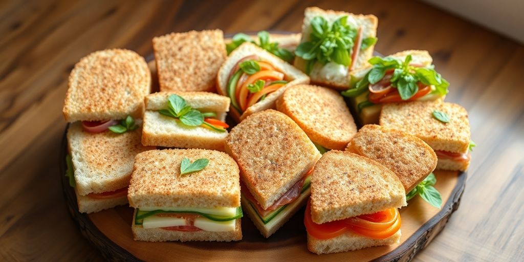 แซนวิชหลากหลายชนิดวางบนถาดอย่างสวยงาม