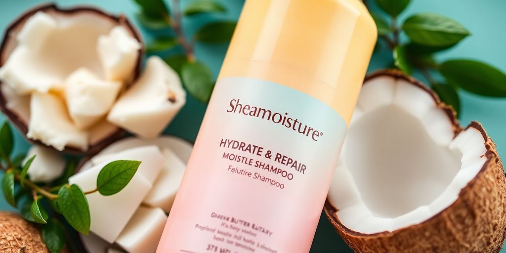 Sheamoisture shampoo bottle with natural ingredients around it.