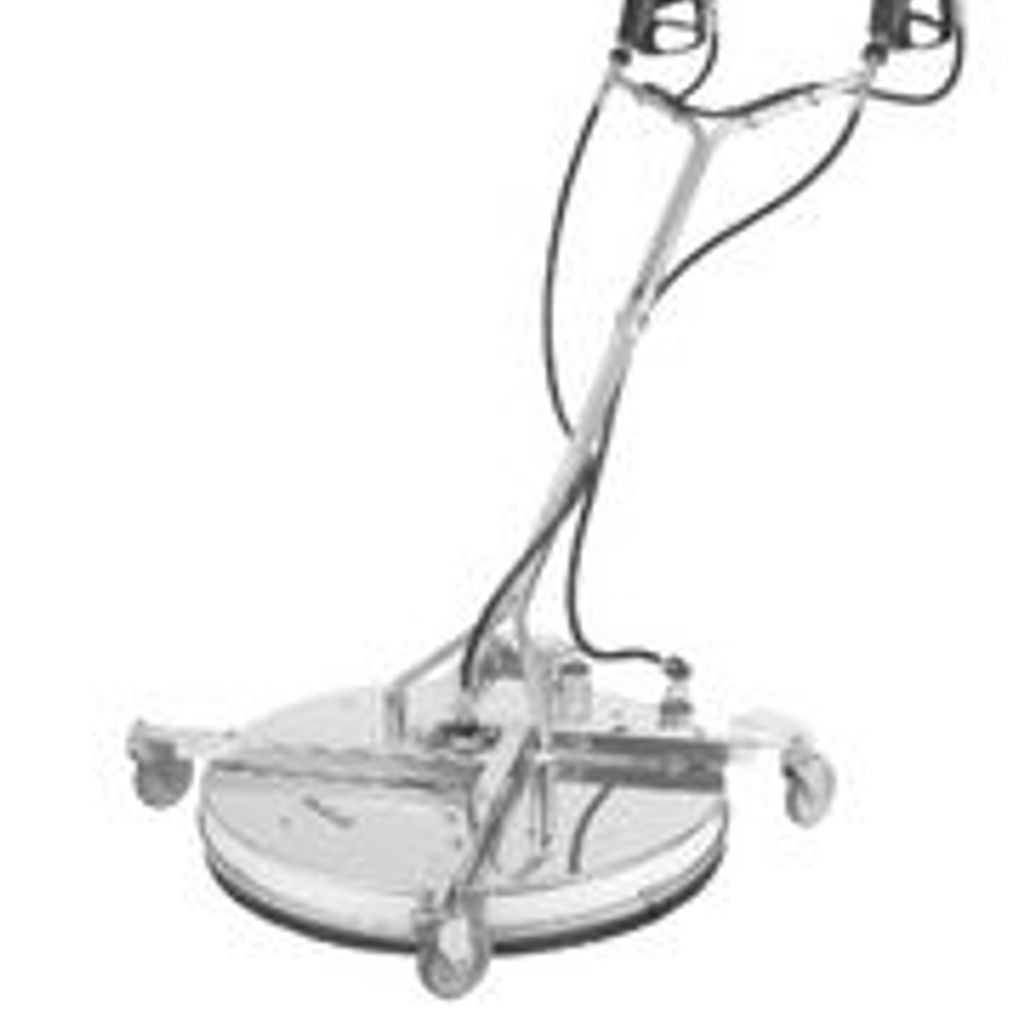 A shiny, circular floor cleaning machine with handles and wheels.