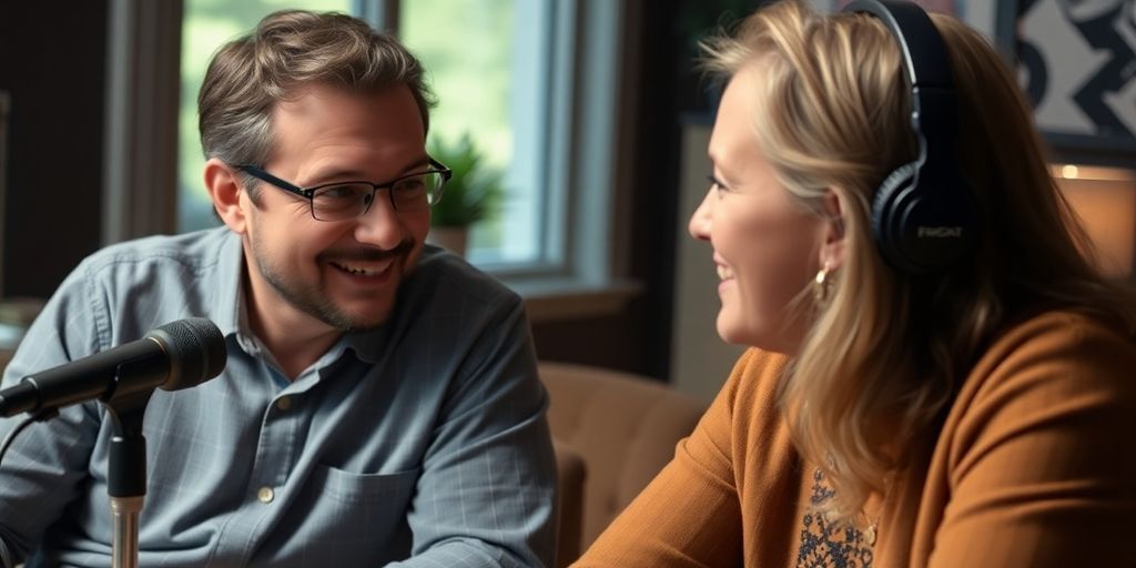 Podcaster engaging with guest during interview.