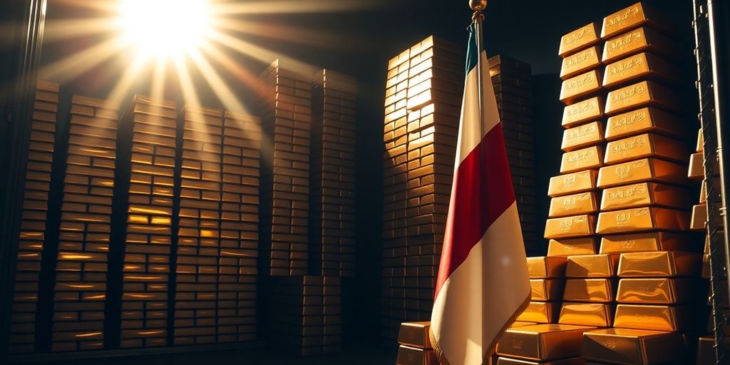 Lingots d'or empilés dans un coffre-fort avec drapeau national.