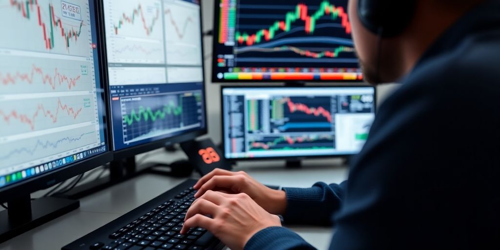 Trader analyzing multiple assets on computer screens.