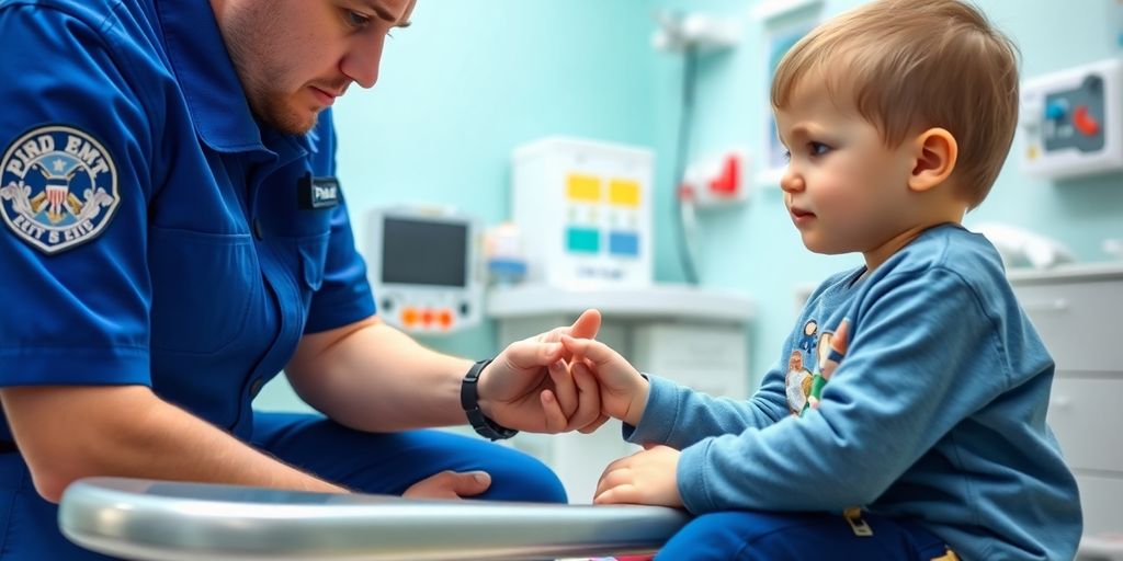 Pediatric EMT holding child's hand