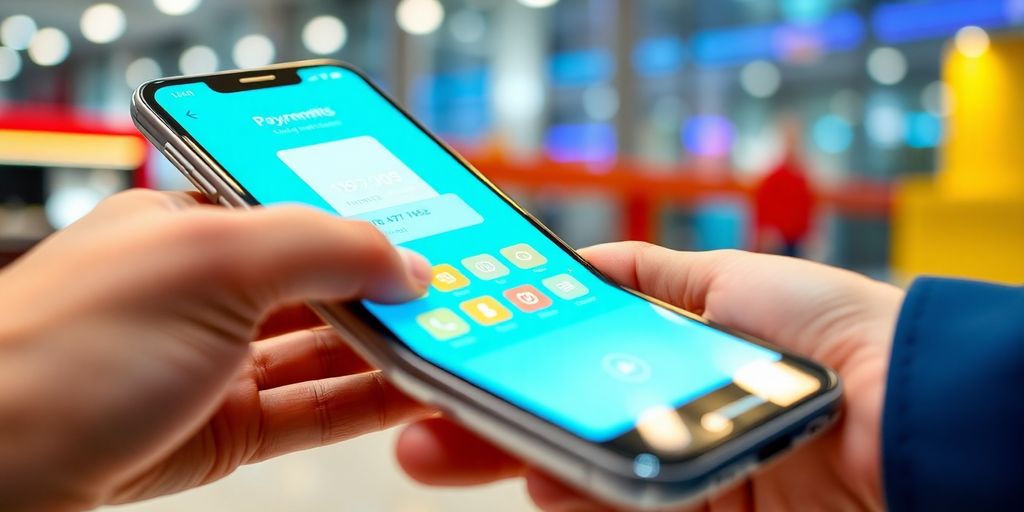 Smartphone payment transaction with a hand interacting.