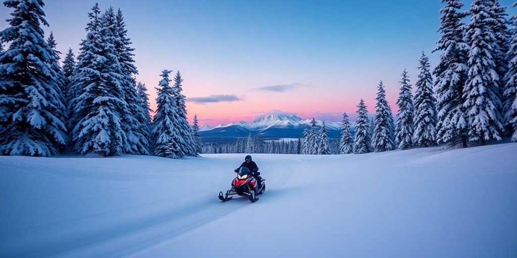Snowmobile gliding through snowy forest with distant purple twilight sky.