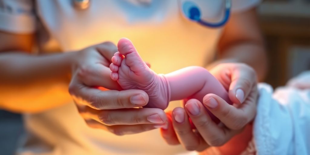 Nurse gently holding an infant's tiny hand.