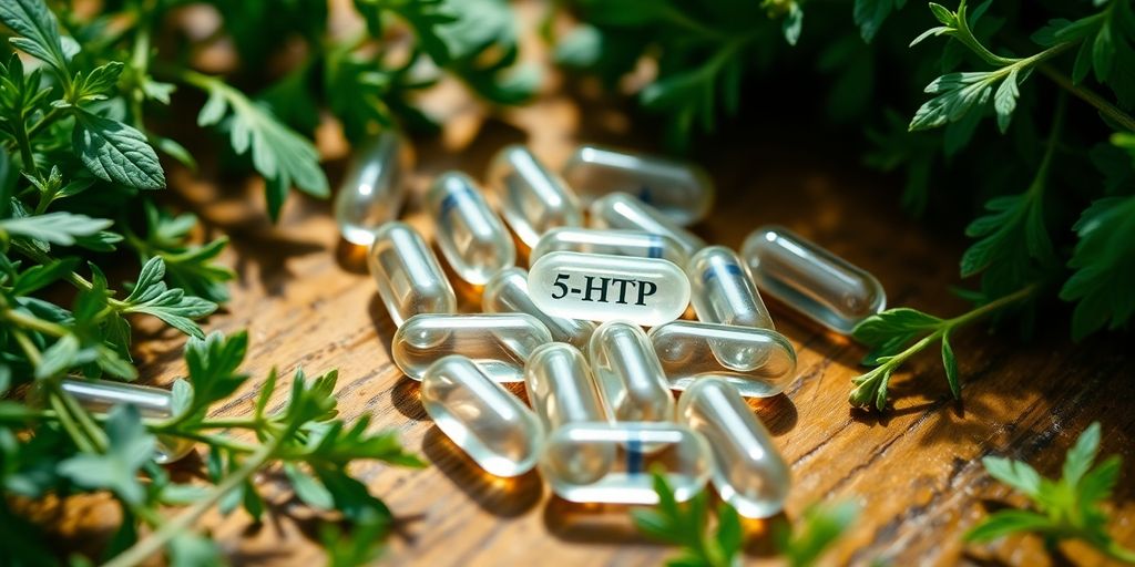 Close-up of 5-HTP capsules with green herbs.