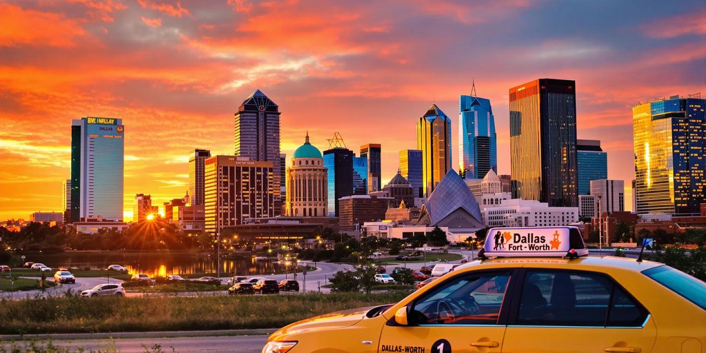 Dallas-Fort Worth skyline with a yellow cab in view.