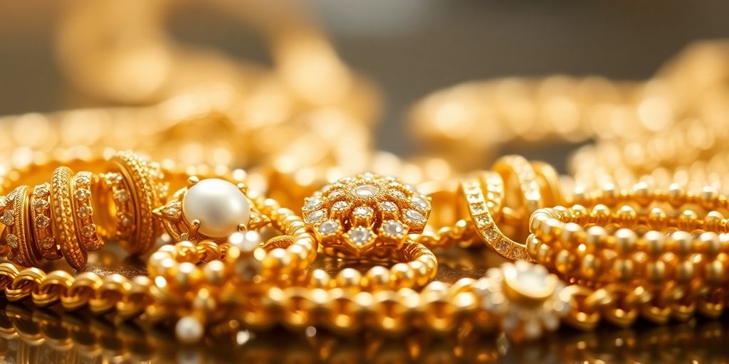 Bijoux en or brillants sur fond flou.