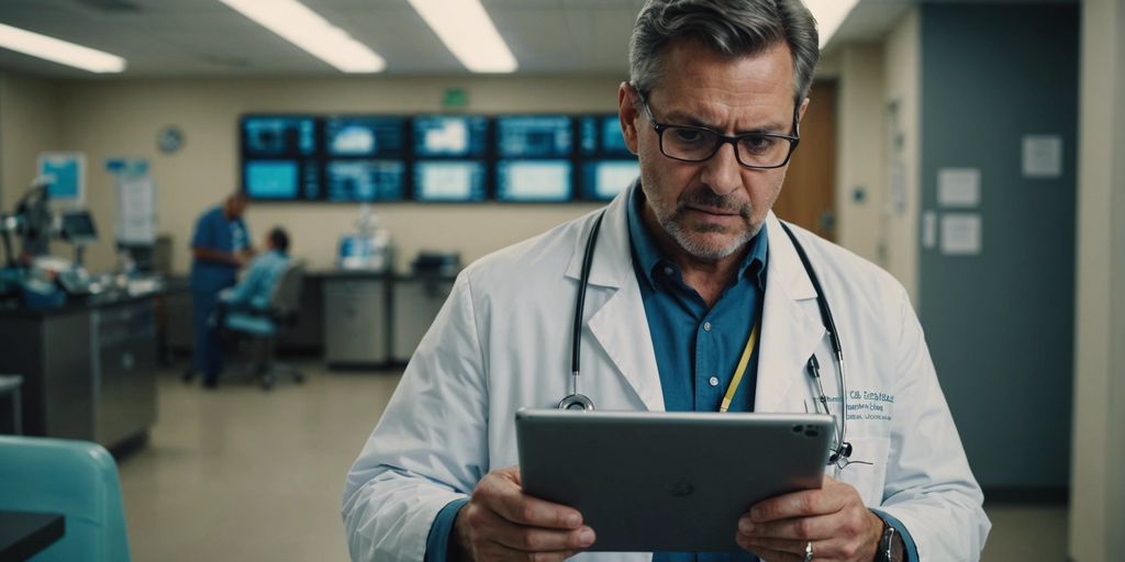 Hospital administrator reading customer reviews on a tablet, medical equipment visible in the background.