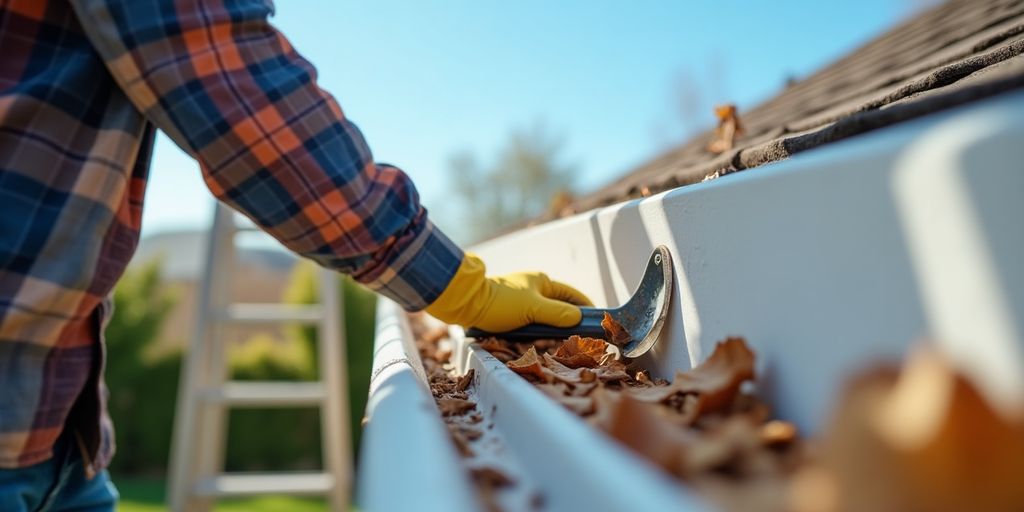 Person cleaning gutters with ladder and tools.