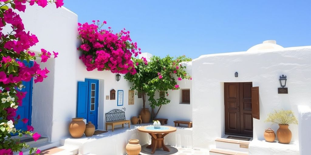Lena's House in Mykonos with traditional architecture and flowers.