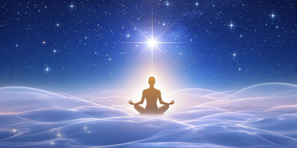Person meditating under a starry sky with glowing light.