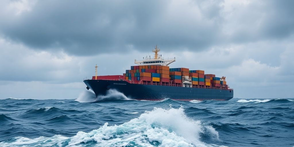 Cargo ship navigating turbulent waters in maritime scene.
