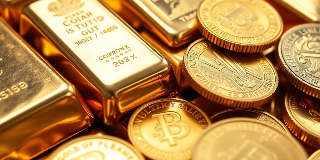 Des barres et pièces d'or brillantes en gros plan.