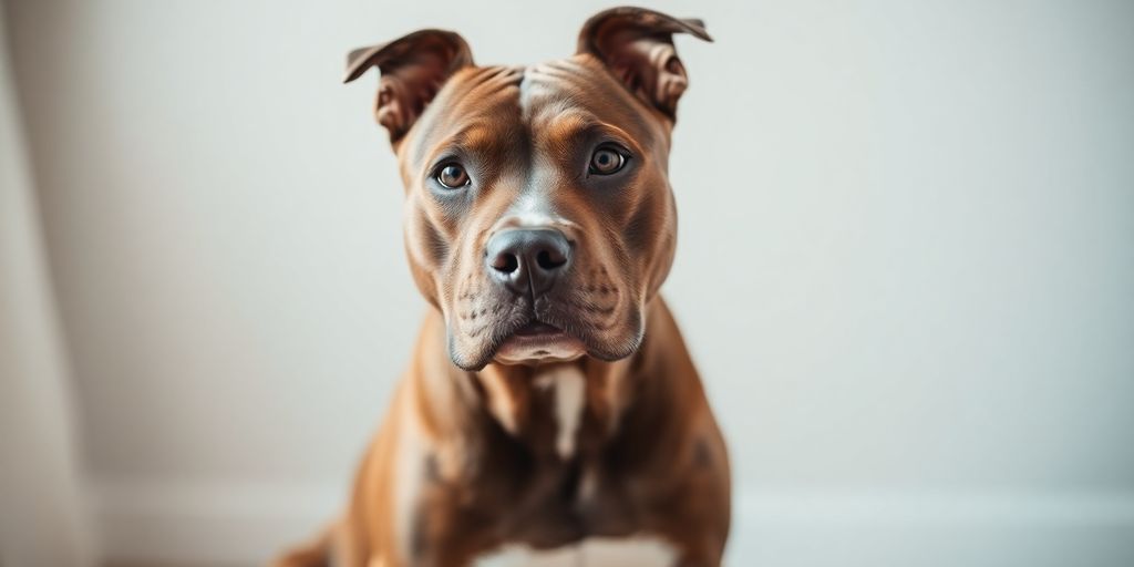 Staffordshire Bull Terrier sitting in green grass.