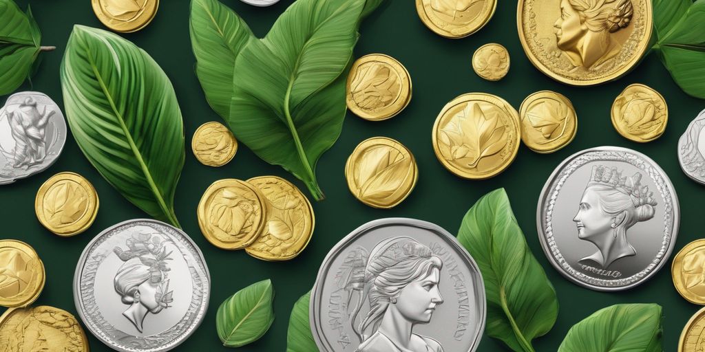 gold and silver coins with green leaves