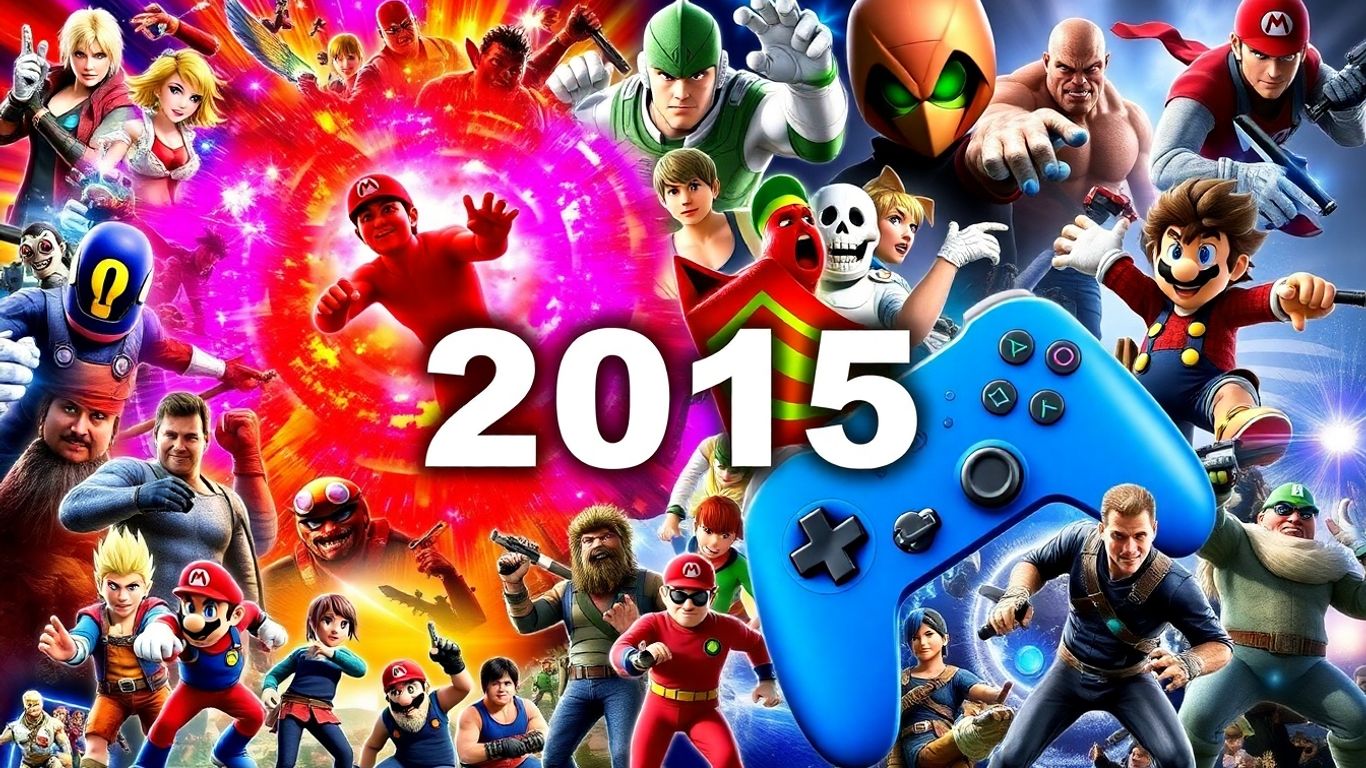 Collage of 2015 game characters and controllers.