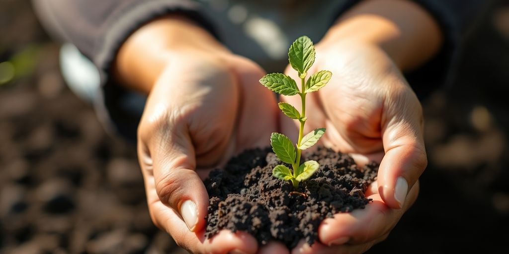 Hands holding green plant sprout in soil.