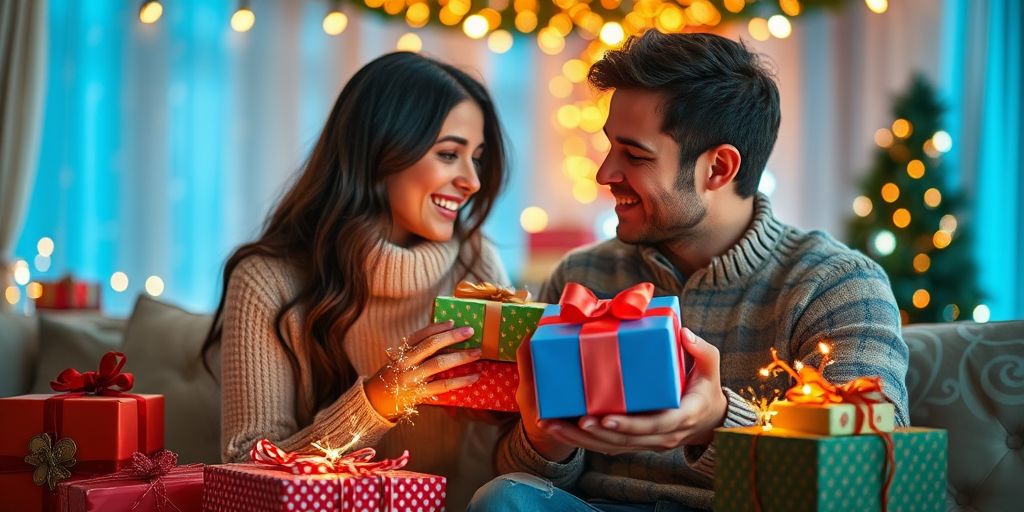 Couple exchanging unique gifts in a cozy setting.