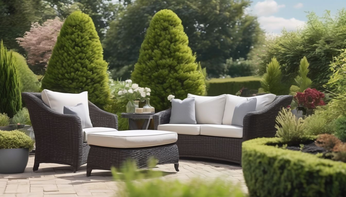 people maintaining and moving outdoor furniture in a garden