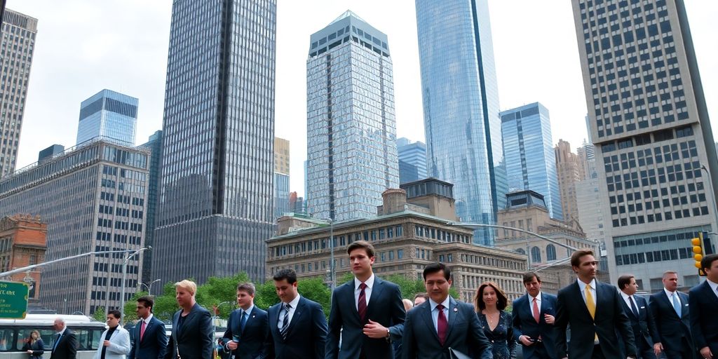 City skyline, financial district towers, business people walking.
